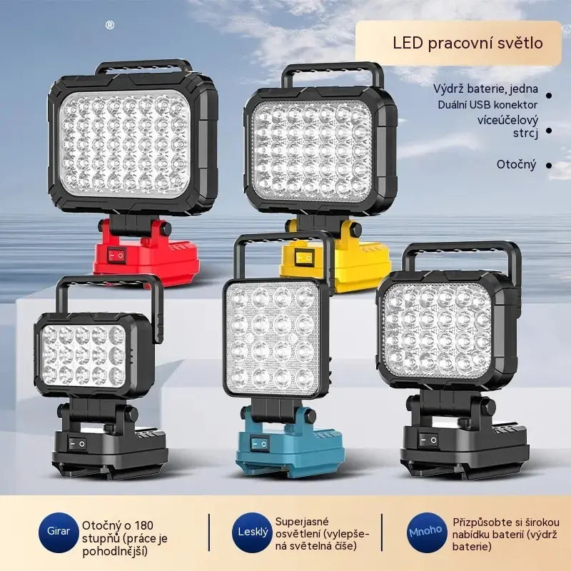 50% SLEVA 💡 LED pracovní svítilna na lithiovou baterii, USB výstup, 180° otočná, vhodná pro opravu aut, kompatibilní s bateriemi DeWalt, Milwaukee