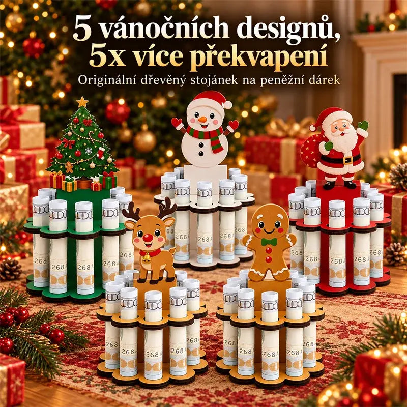 🔥50% SLEVA | 🎄5dílná sada za 600 Kč🎅 Vánoční dřevěný stojánek na peníze, Santa, sněhulák, vánoční stromeček, sob, perníček, originální kreativní stolní dekorace na hotovostní dárek