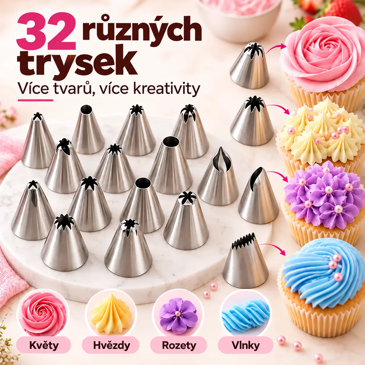🔥50% SLEVA | 🎂✨Sada na zdobení dortů 38 ks, 32 nerezových trysek, silikonové zdobicí sáčky, skladovací box, domácí pečení