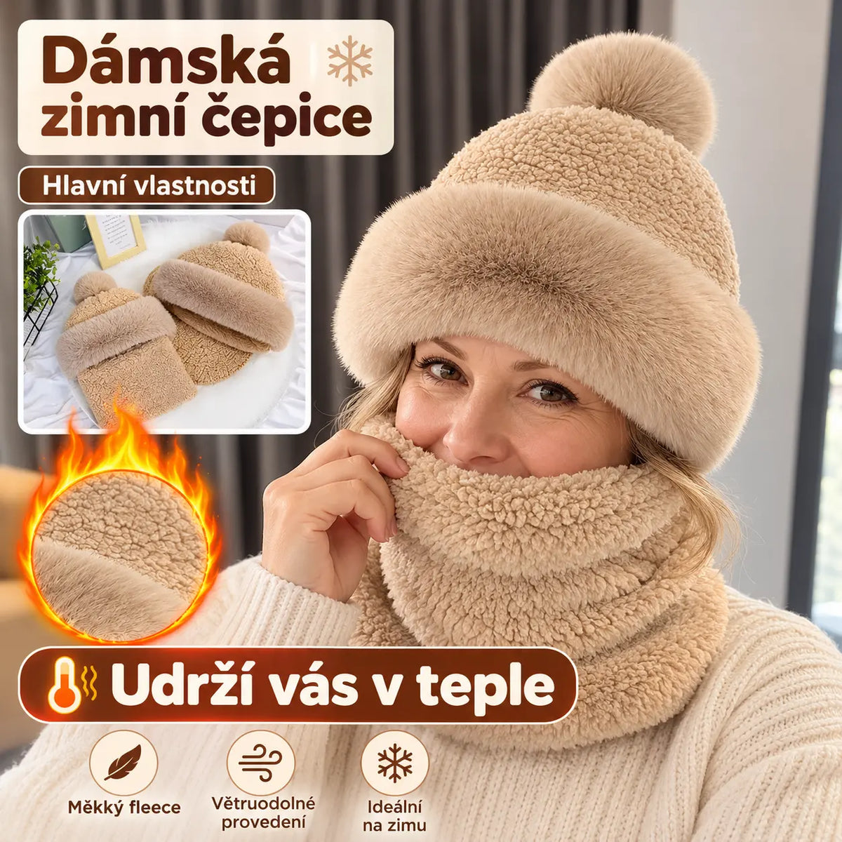 50% SLEVA 🔥Dámská zimní čepice s šátkem v jednom, dvouvrstvá zahuštěná komfortní fleece s okrajem z umělé králičí srsti, větruodolná, obvod čepice 58–62 cm, více barev