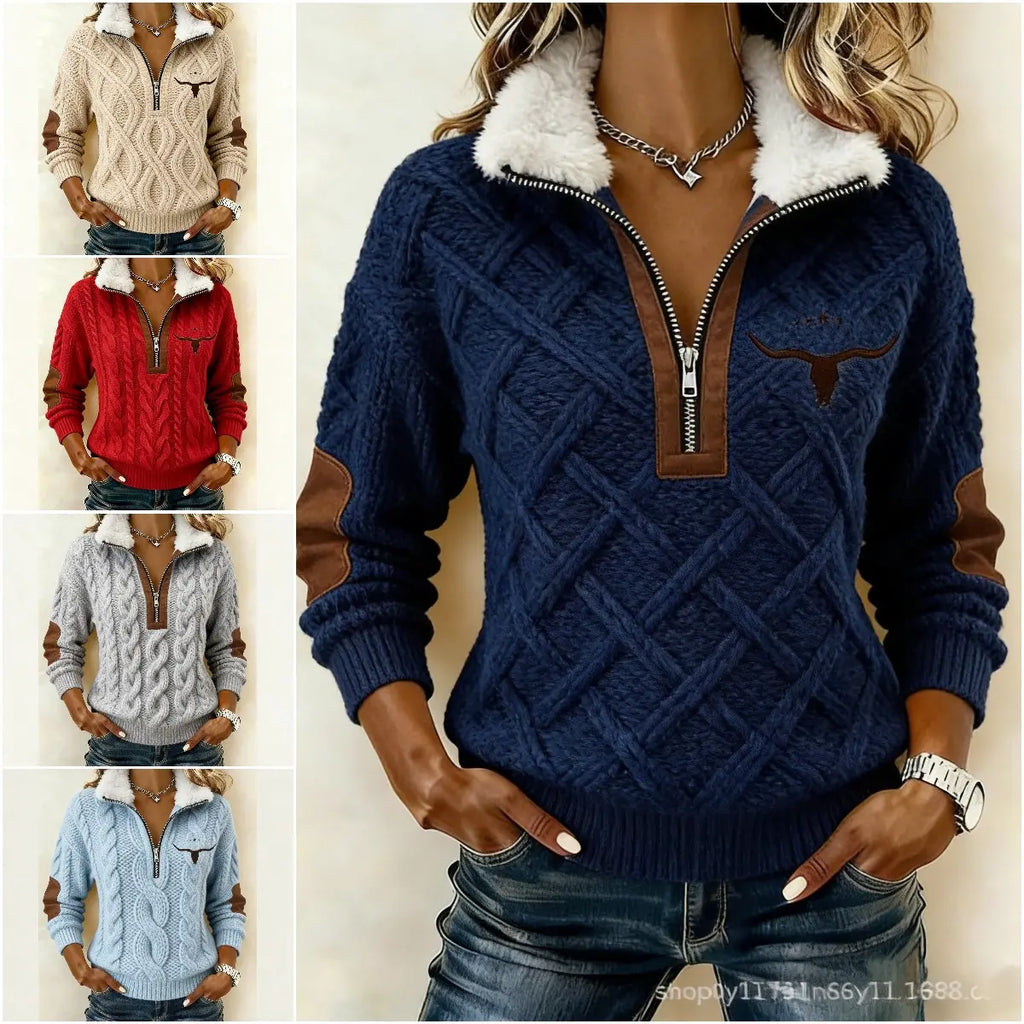 🔥50% SLEVA【S-3XL】Dámský podzimní zimní pletený svetr s polovičním zipem, kožešinovým límečkem, kabelovým vzorem, western výšivkou a náplastmi na loktech