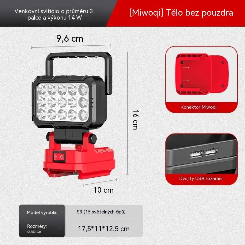 50% SLEVA 💡 LED pracovní svítilna na lithiovou baterii, USB výstup, 180° otočná, vhodná pro opravu aut, kompatibilní s bateriemi DeWalt, Milwaukee