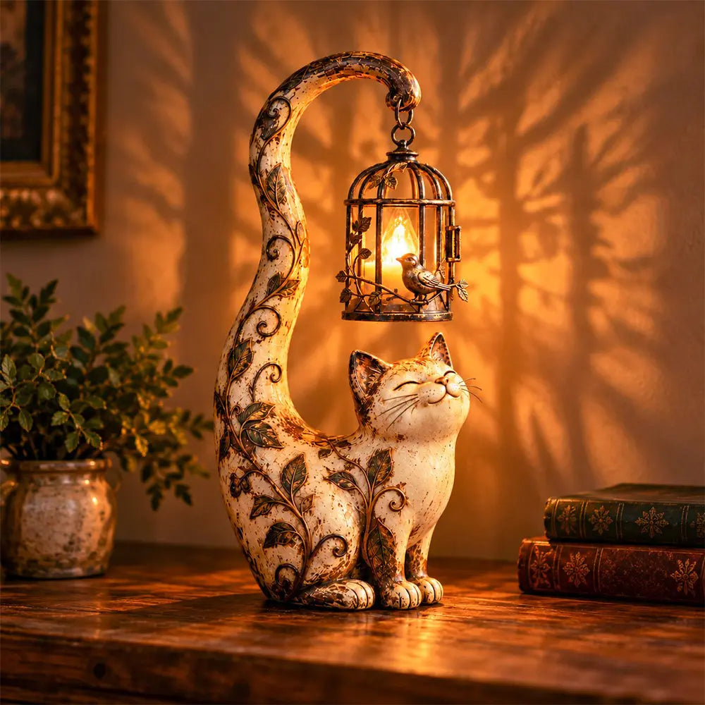 🐱💡 50% SLEVA | Noční světlo – kočka s ptačí klecí, resinová dekorace do domácnosti a zahrady