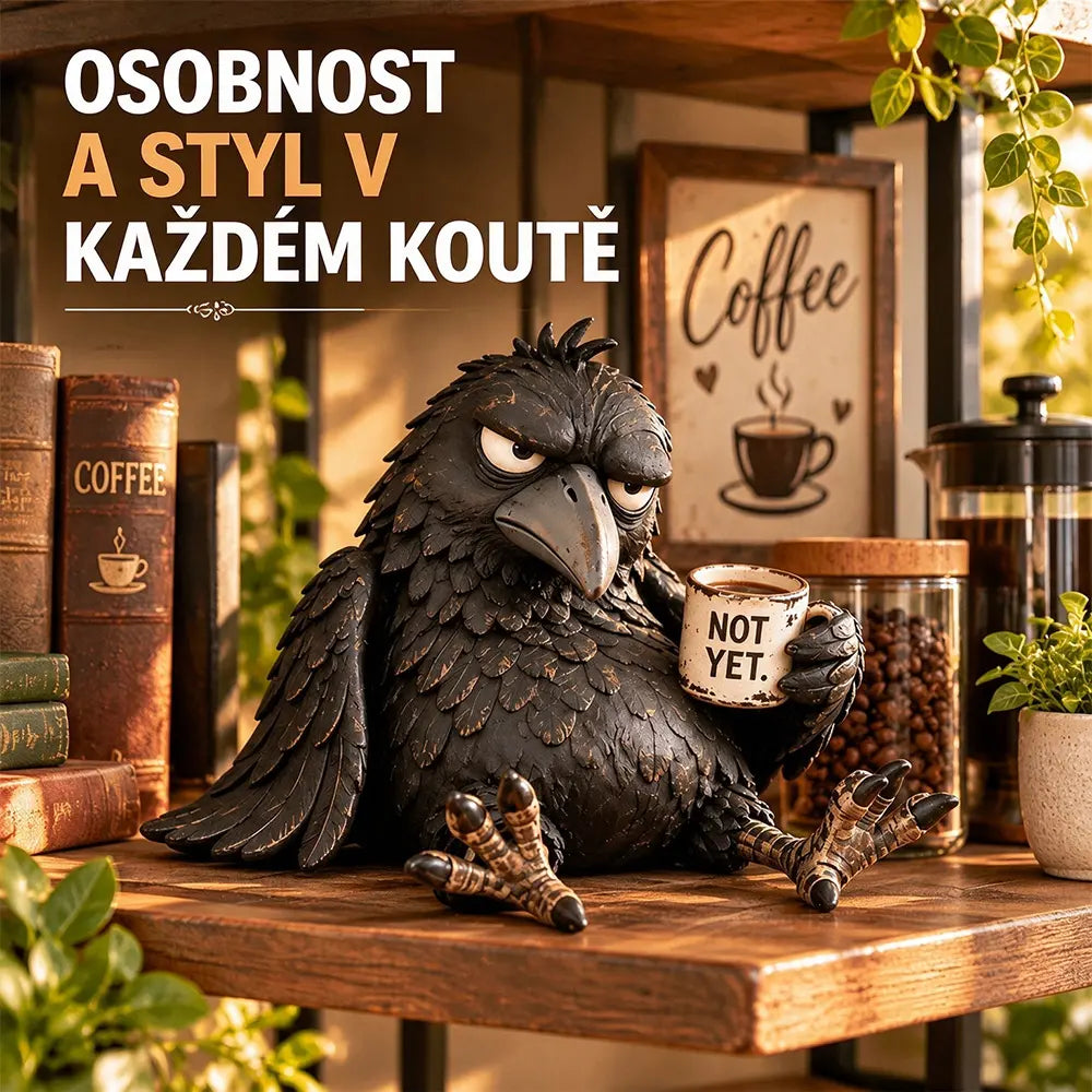 50% SLEVA😝Pryskyřicová figurka nevrlé vrány s kávou, vintage dekorace na stůl, dekorativní soška
