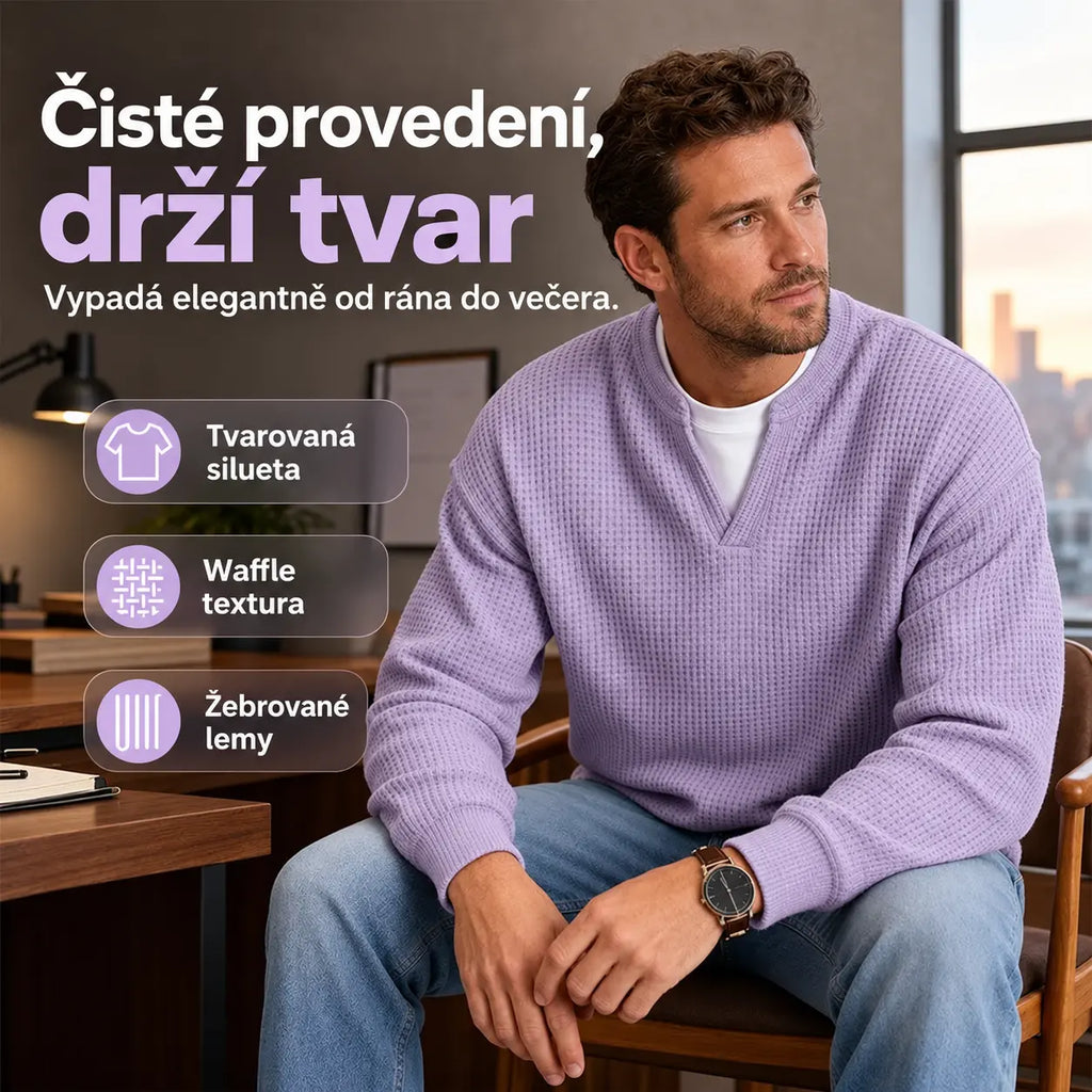 🔥50% SLEVA |【S–5XL】Pánská vaflová mikina, malý výstřih do V, dvoubarevný design falešných dvou vrstev, volný pohodlný dlouhý rukáv Polo tričko