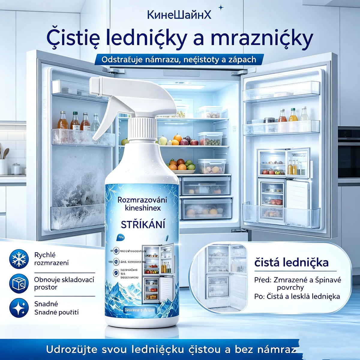 🔥【Kupte 1 a získejte 1 zdarma】❄️ Sprej pro odmrazování ledničky a mrazničky, rychlé odstranění ledu, domácí čistící sprej