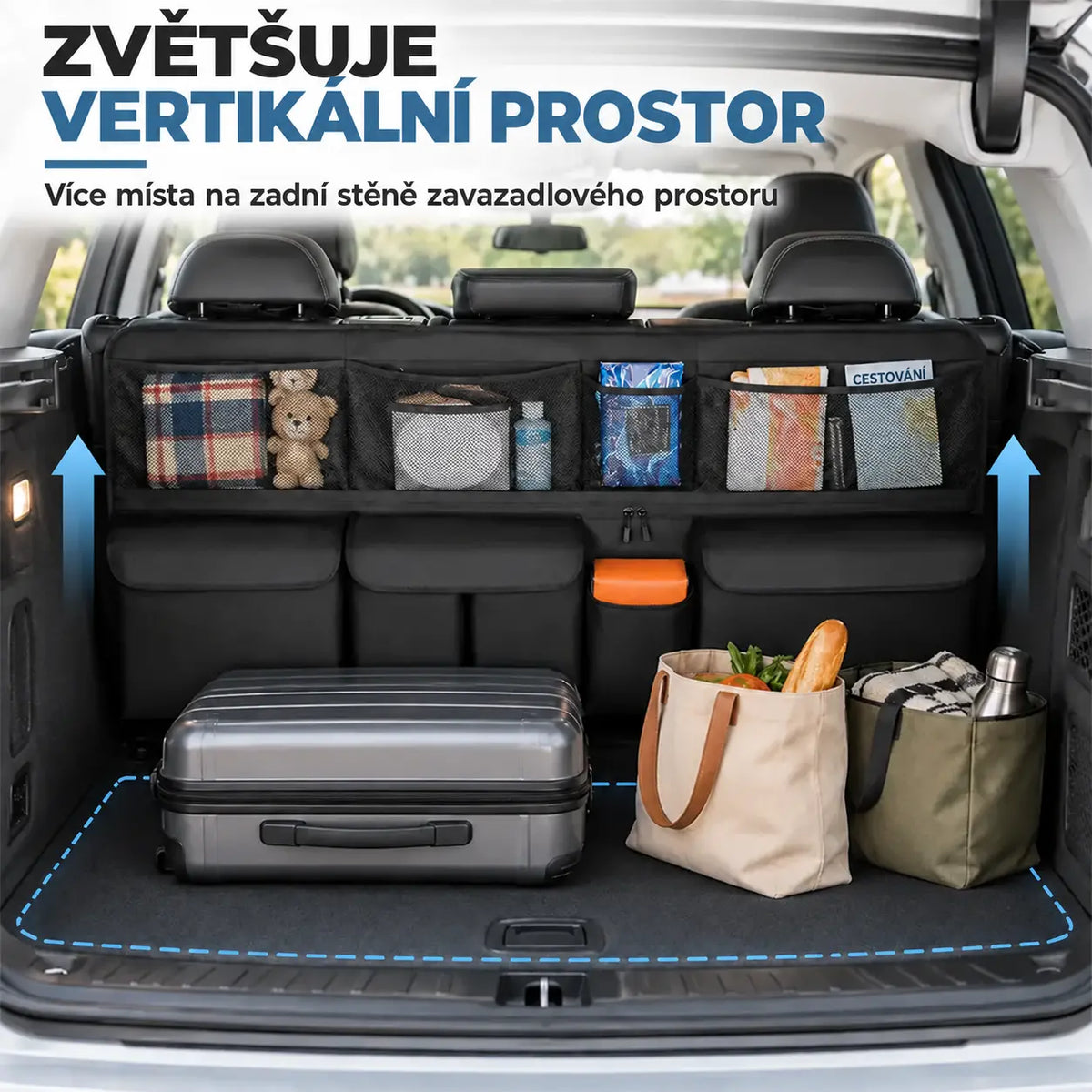50% SLEVA 🚗 Závěsný organizér do kufru auta 105×51 cm, úložná taška na opěrku hlavy, velká kapacita, oxfordská tkanina, pro SUV a rodinné auto, barva šedá / černá