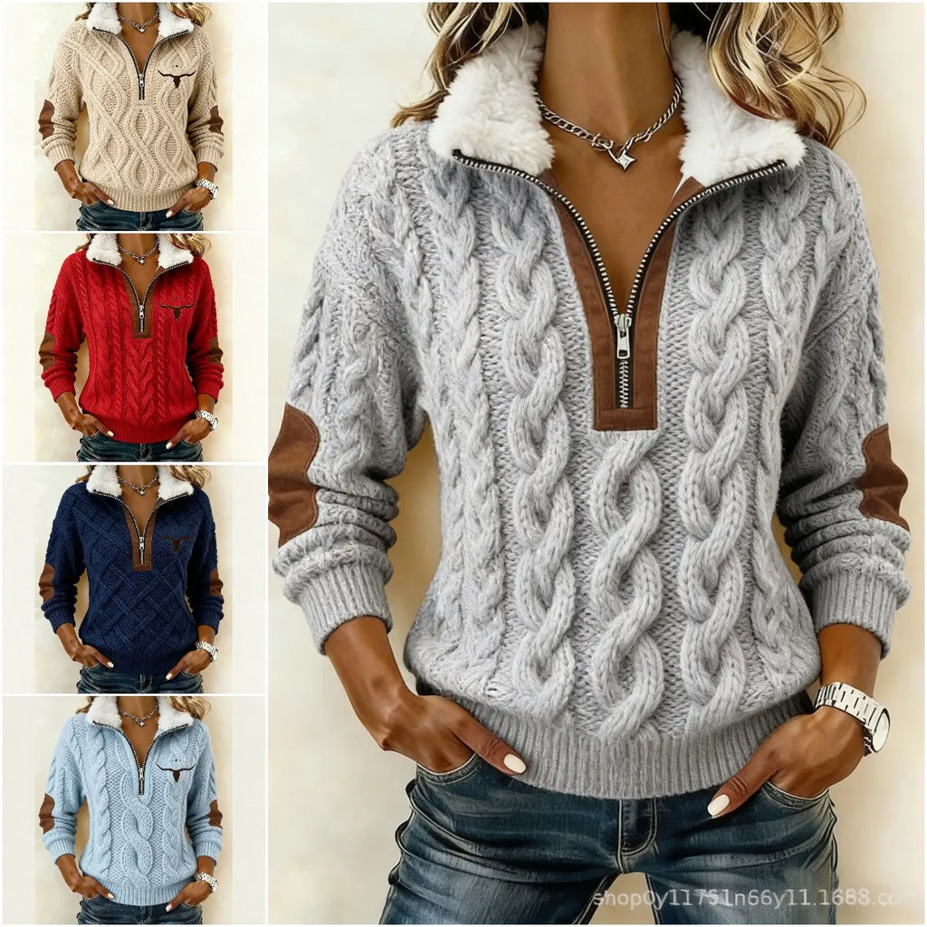 🔥50% SLEVA【S-3XL】Dámský podzimní zimní pletený svetr s polovičním zipem, kožešinovým límečkem, kabelovým vzorem, western výšivkou a náplastmi na loktech