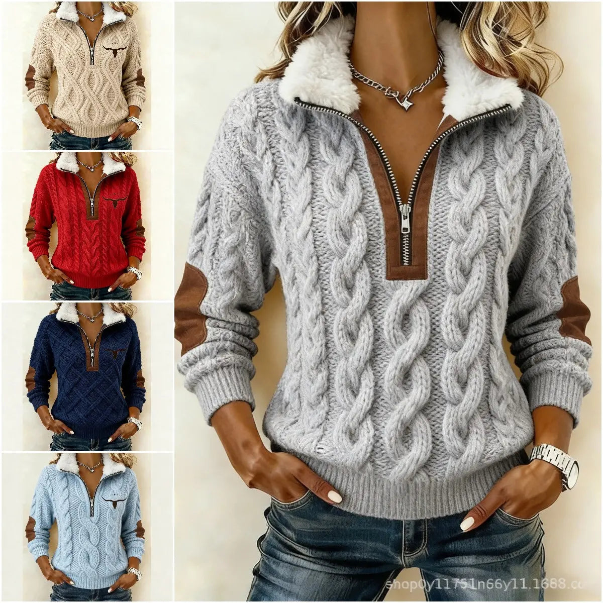 🔥50% SLEVA【S-3XL】Dámský podzimní zimní pletený svetr s polovičním zipem, kožešinovým límečkem, kabelovým vzorem, western výšivkou a náplastmi na loktech