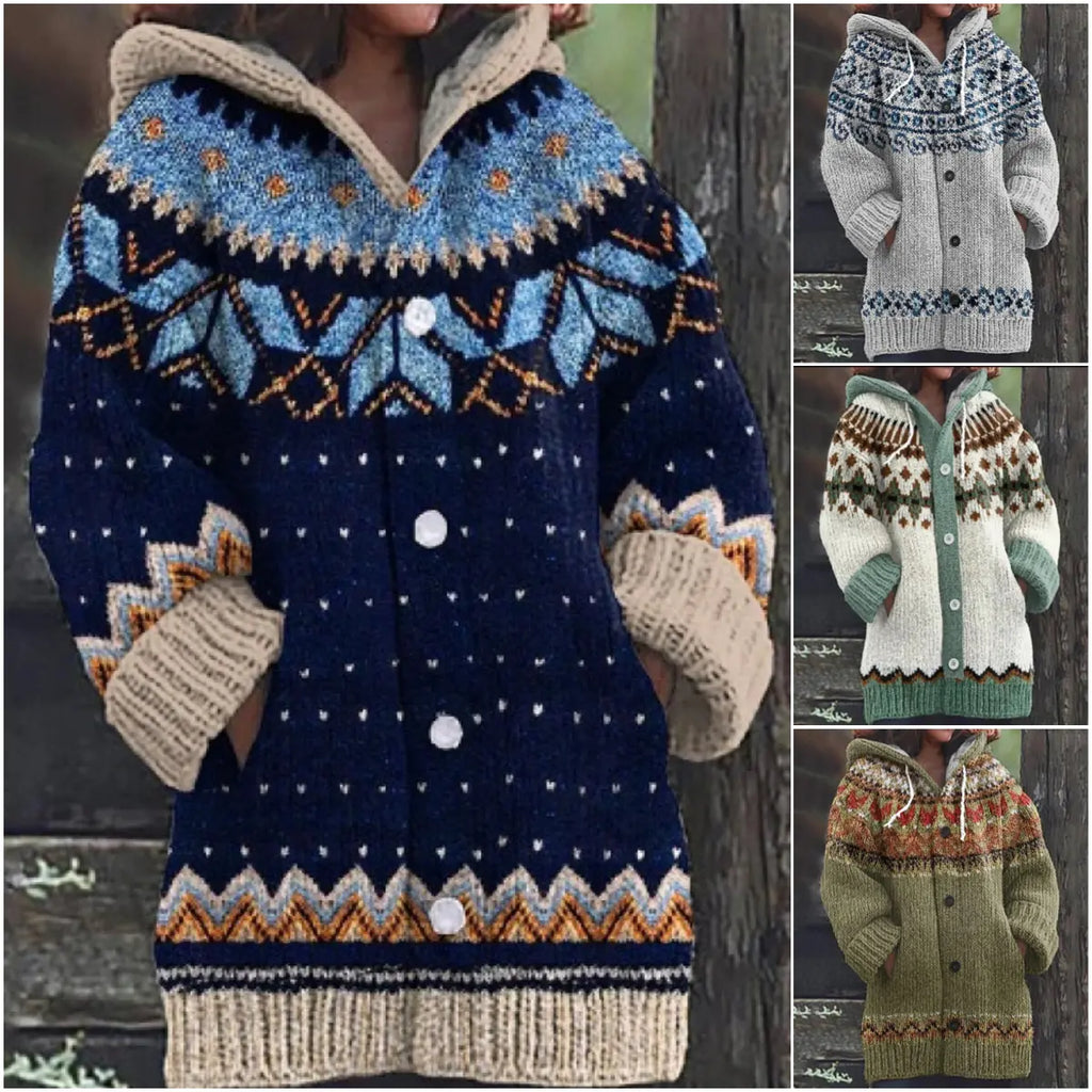 🔥50% SLEVA🔥【 S–5XL】✨Nová dámská pletená bunda s kapucí, geometrický vzor, zapínání na knoflíky, podzim/zima