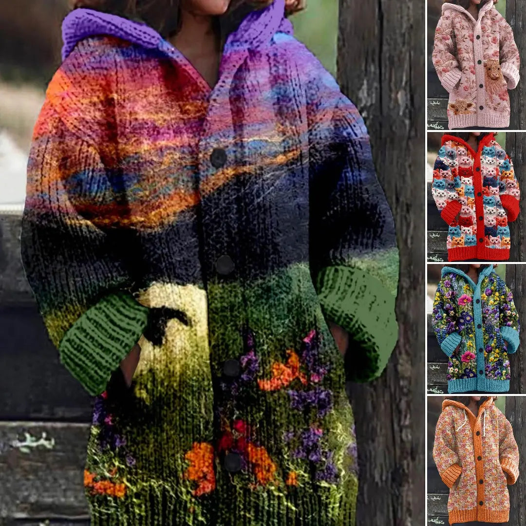 ✨50% SLEVA!【S–6XL】Dámská pletená bunda s kapucí, jedinečný vlněný vzor, zateplená, knoflíkové zapínání, s kapsami, podzim a zima