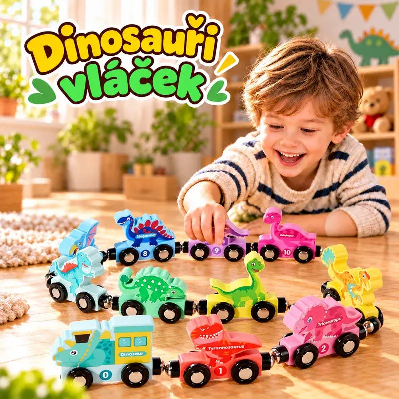 🔥50% SLEVA | Dřevěný magnetický vláček s dinosaury a čísly, vzdělávací hračka pro děti 1–6 let