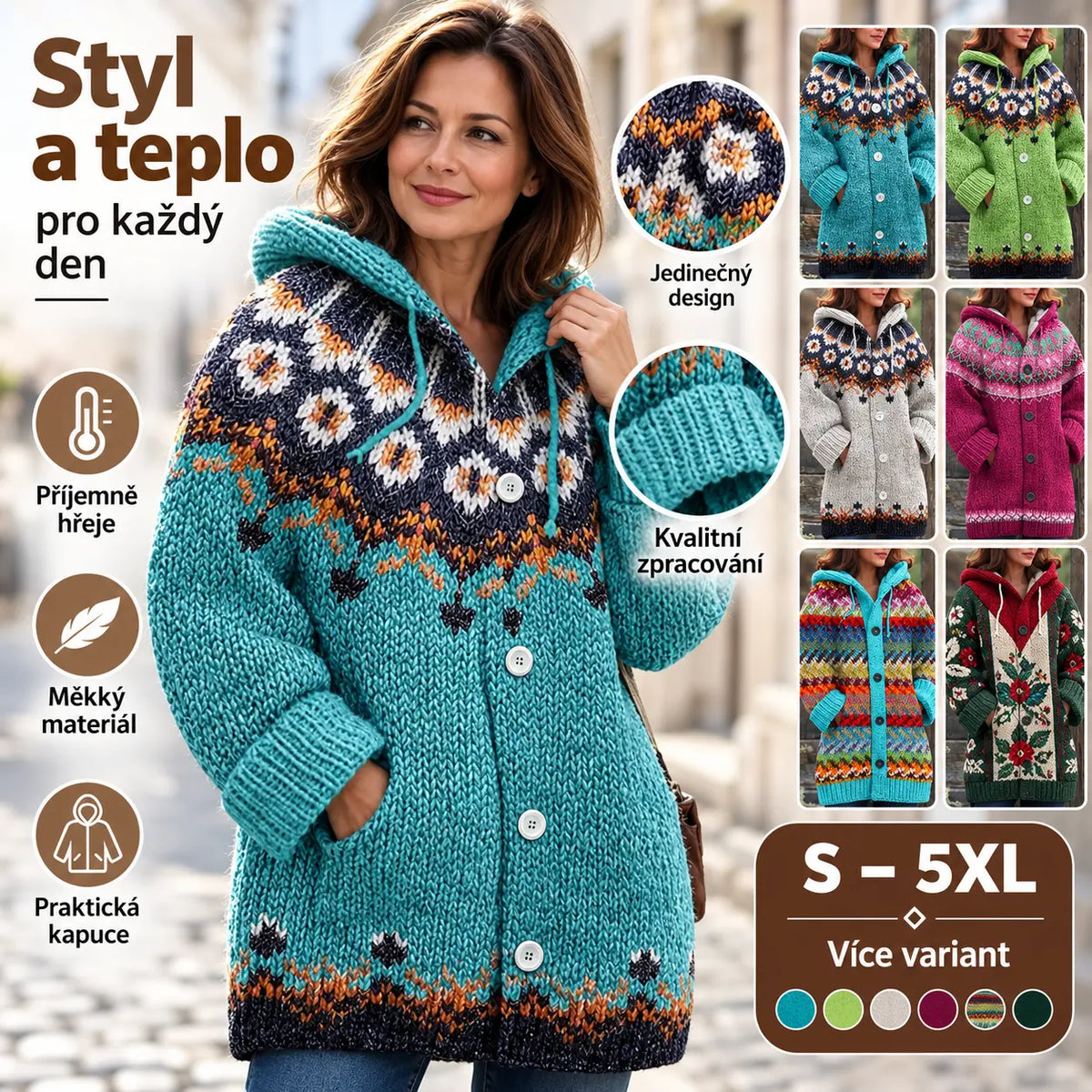 50% SLEVA🔥【S–5XL】Dámská podzimní a zimní pletená bunda s kapucí, vlněný etnický vzor, knoflíkové zapínání, kapsy, volný střih
