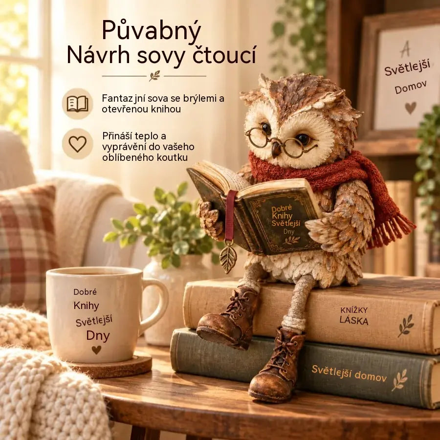 🔥50% SLEVA 🦉Roztomilá figurka sovy čtoucí knihu, rustikální pryskyřičná dekorace do domu, ručně zpracovaná soška sovy s brýlemi a šátkem
