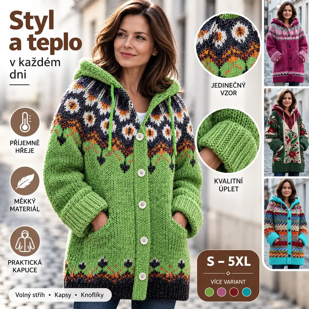 50% SLEVA🔥【S–5XL】Dámská podzimní a zimní pletená bunda s kapucí, vlněný etnický vzor, knoflíkové zapínání, kapsy, volný střih