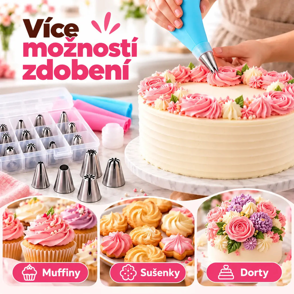 🔥50% SLEVA | 🎂✨Sada na zdobení dortů 38 ks, 32 nerezových trysek, silikonové zdobicí sáčky, skladovací box, domácí pečení