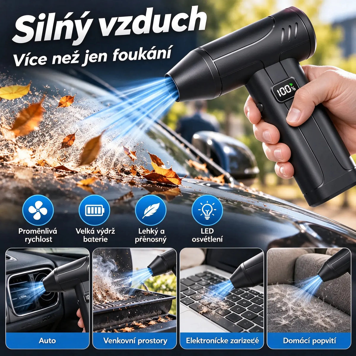 50% SLEVA🔥🌪️Výkonný ruční vysokorychlostní ventilátor X9, turbomotor, 6 rychlostí, LED svítilna, přenosný na kempování, čištění prachu a odstraňování sněhu