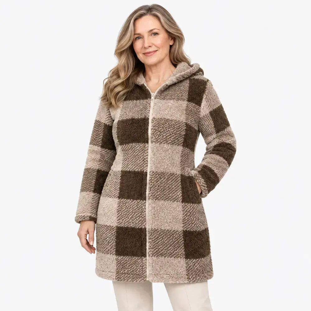 ✨50% SLEVA!【S–3XL】Dlouhý oboustranný dámský kabát se zipem, umělá kožešina + kostkovaný vzor, zateplený kardigan na podzim a zimu