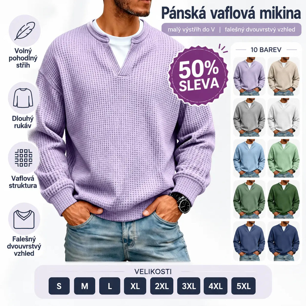 🔥50% SLEVA |【S–5XL】Pánská vaflová mikina, malý výstřih do V, dvoubarevný design falešných dvou vrstev, volný pohodlný dlouhý rukáv Polo tričko