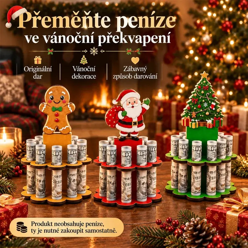🔥50% SLEVA | 🎄5dílná sada za 600 Kč🎅 Vánoční dřevěný stojánek na peníze, Santa, sněhulák, vánoční stromeček, sob, perníček, originální kreativní stolní dekorace na hotovostní dárek