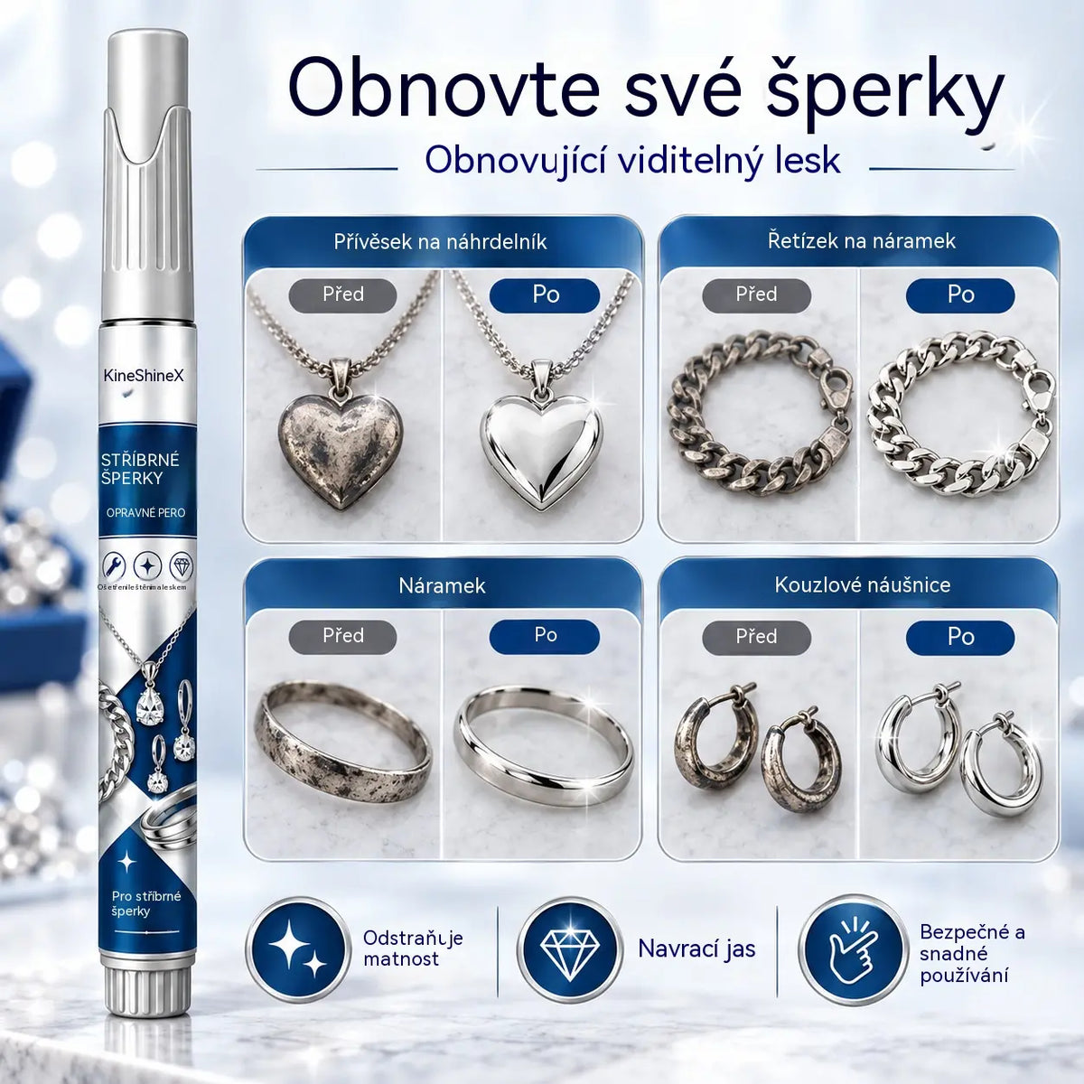 🔥 Kup 1, získej 1 zdarma｜KineShineX opravné pero na stříbrné šperky, obnova barvy, odstranění oxidace a škrábanců pro náhrdelníky, náramky, náušnice