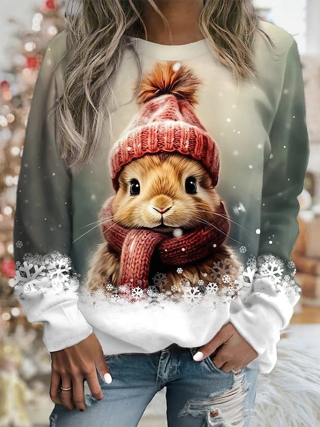💖🐇 50% SLEVA | Dámská mikina s kulatým výstřihem, roztomilý vánoční králík 3D digitální potisk, dlouhý rukáv, každodenní nošení