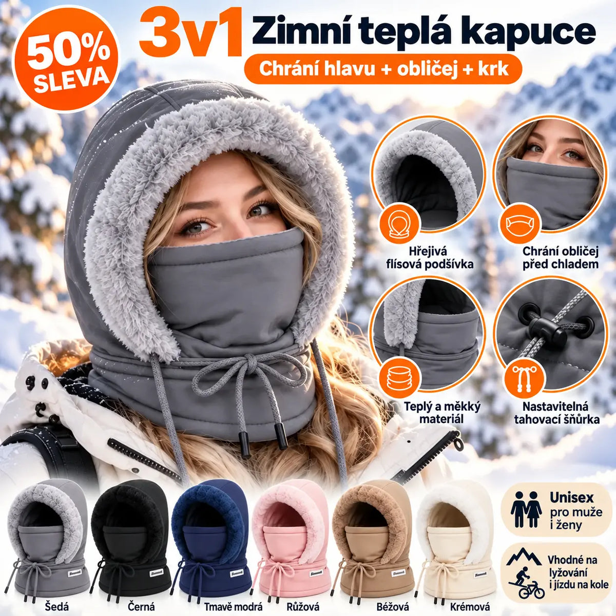 50% SLEVA 🔥3v1 Zimní kapuce s flísovou podšívkou, unisex teplá outdoorová čiapka, chrání hlavu, obličej a krk, lyžování, jízda na kole