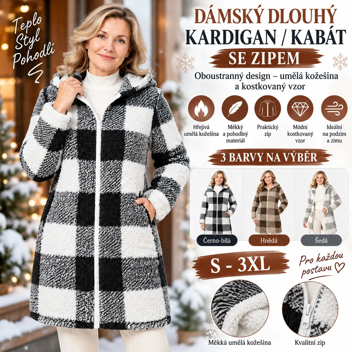 ✨50% SLEVA!【S–3XL】Dlouhý oboustranný dámský kabát se zipem, umělá kožešina + kostkovaný vzor, zateplený kardigan na podzim a zimu