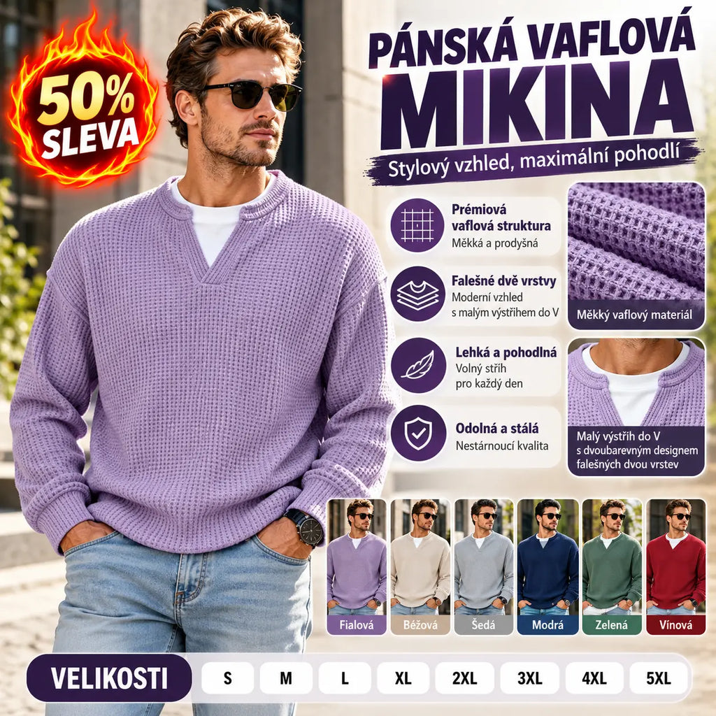 🔥50% SLEVA |【S–5XL】Pánská vaflová mikina, malý výstřih do V, dvoubarevný design falešných dvou vrstev, volný pohodlný dlouhý rukáv Polo tričko