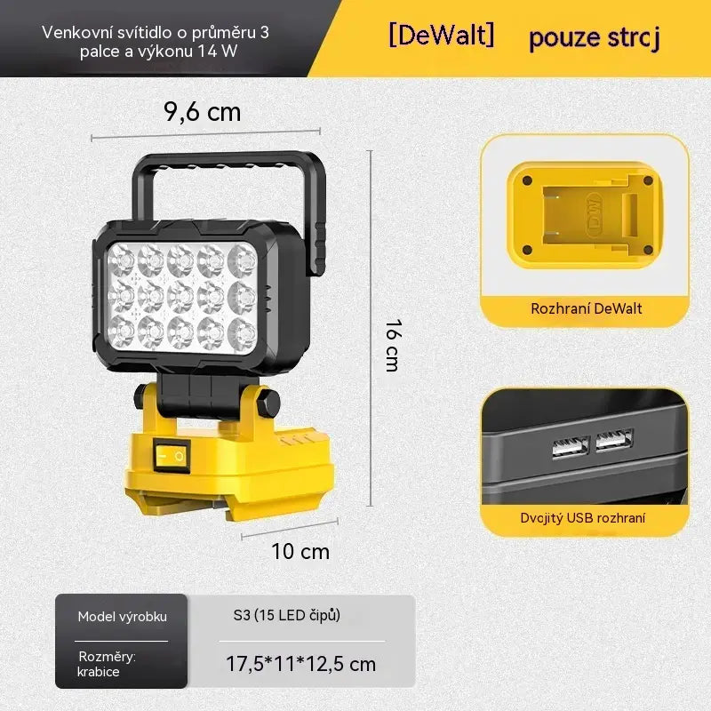 50% SLEVA 💡 LED pracovní svítilna na lithiovou baterii, USB výstup, 180° otočná, vhodná pro opravu aut, kompatibilní s bateriemi DeWalt, Milwaukee