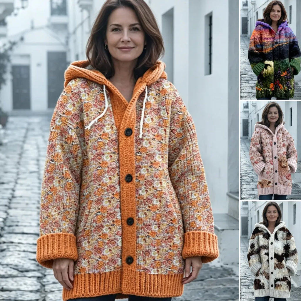 ✨50% SLEVA!【S–6XL】Dámská pletená bunda s kapucí, jedinečný vlněný vzor, zateplená, knoflíkové zapínání, s kapsami, podzim a zima