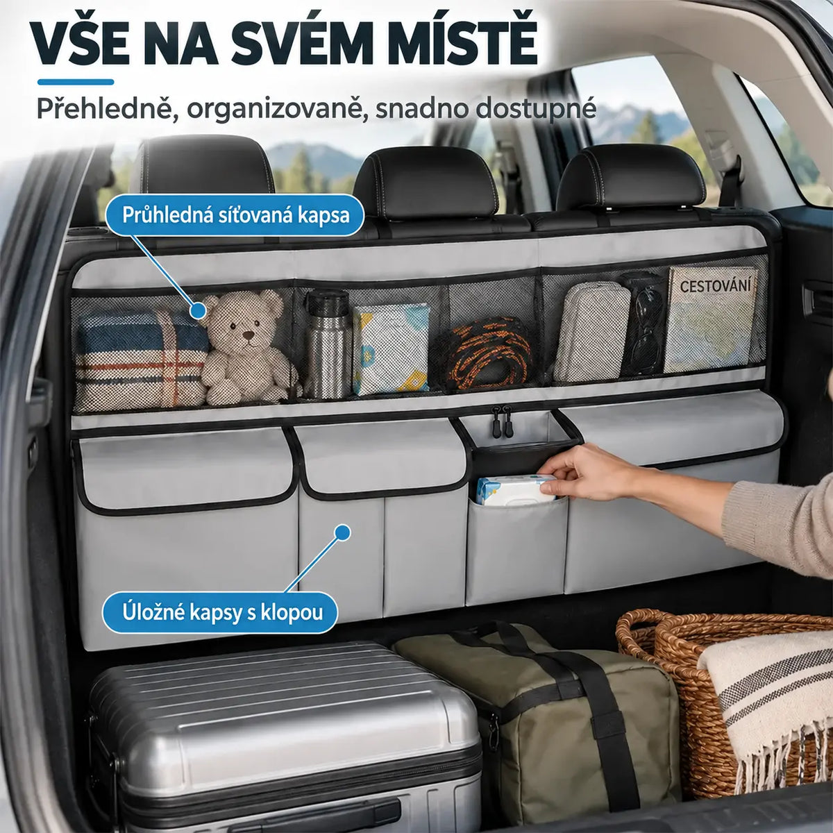50% SLEVA 🚗 Závěsný organizér do kufru auta 105×51 cm, úložná taška na opěrku hlavy, velká kapacita, oxfordská tkanina, pro SUV a rodinné auto, barva šedá / černá