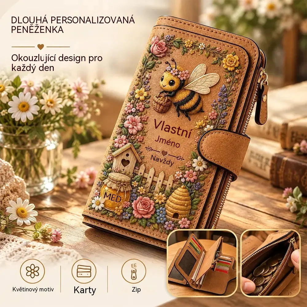50% SLEVA 🔥💰 Dlouhá personalizovaná peněženka s reliéfním zahradním motivem, včela / trpaslík / motýl / vážka / kardinál, dámská kožená peněženka na karty a mince se zipem