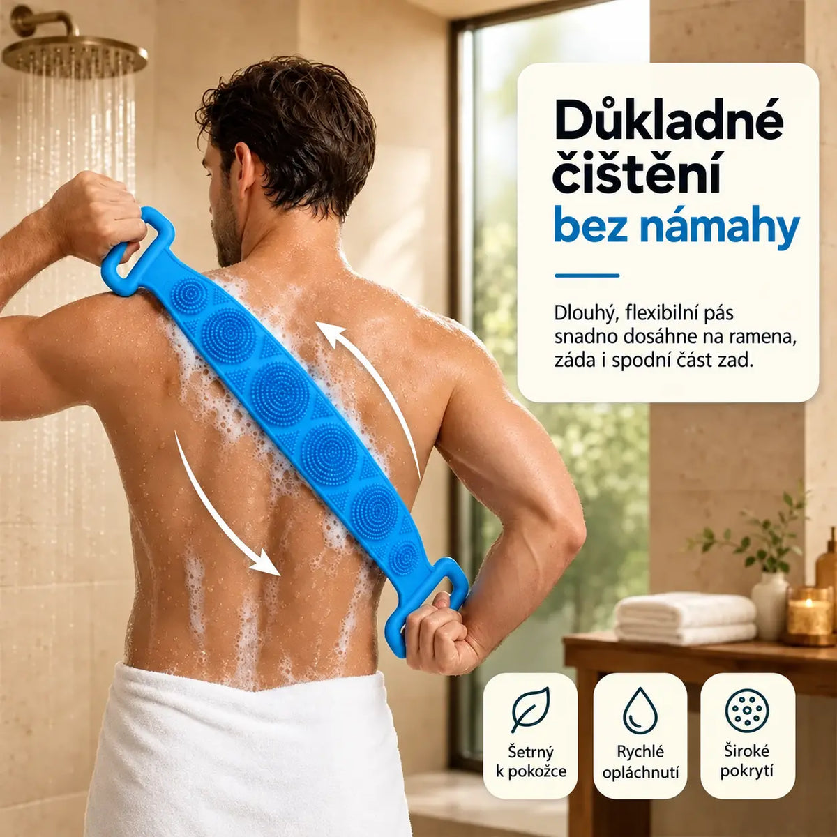 🔥Kupte 1, získejte 1 zdarma🛁 Dlouhá silikonová koupelová stírací páska 70 cm, oboustranná masážní textura, bezbolestné drhnutí zad, 182g, snadné čištění hřbetu