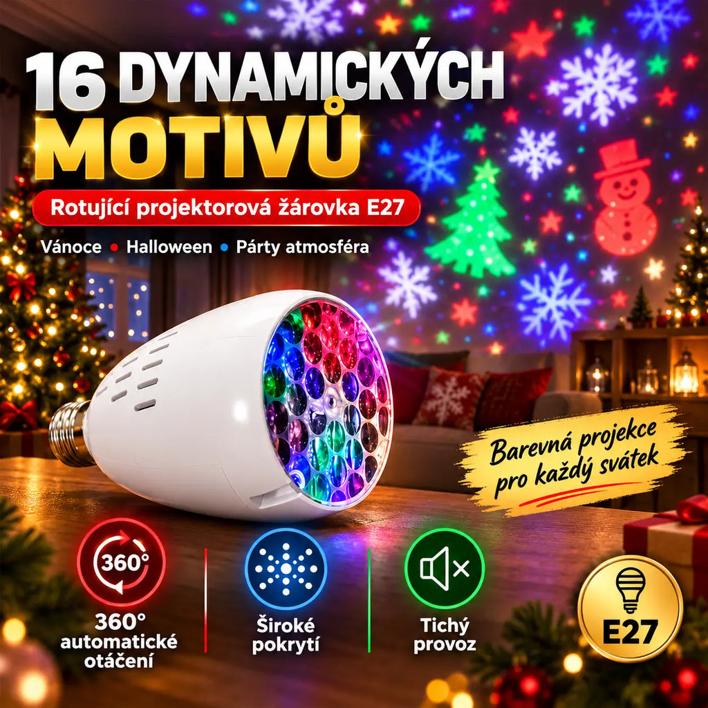 🎄❄️ 50% SLEVA | Vánoční LED projektorová žárovka E27, projekce sněhových vloček a sněhuláka, barevné světlo, vytváří sváteční atmosféru