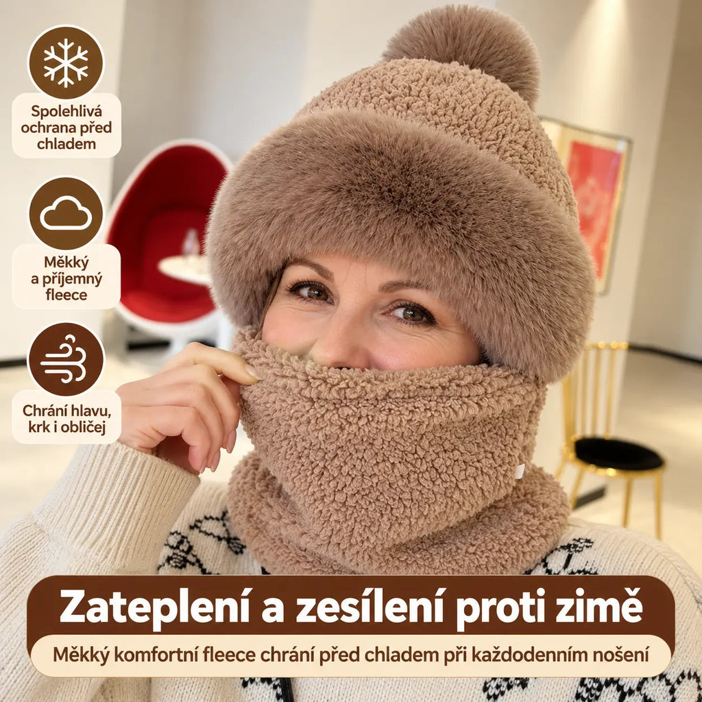 50% SLEVA 🔥Dámská zimní čepice s šátkem v jednom, dvouvrstvá zahuštěná komfortní fleece s okrajem z umělé králičí srsti, větruodolná, obvod čepice 58–62 cm, více barev