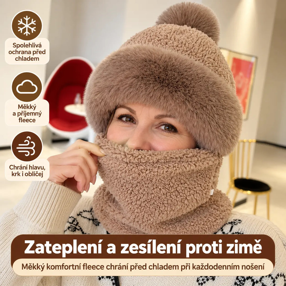 50% SLEVA 🔥Dámská zimní čepice s šátkem v jednom, dvouvrstvá zahuštěná komfortní fleece s okrajem z umělé králičí srsti, větruodolná, obvod čepice 58–62 cm, více barev