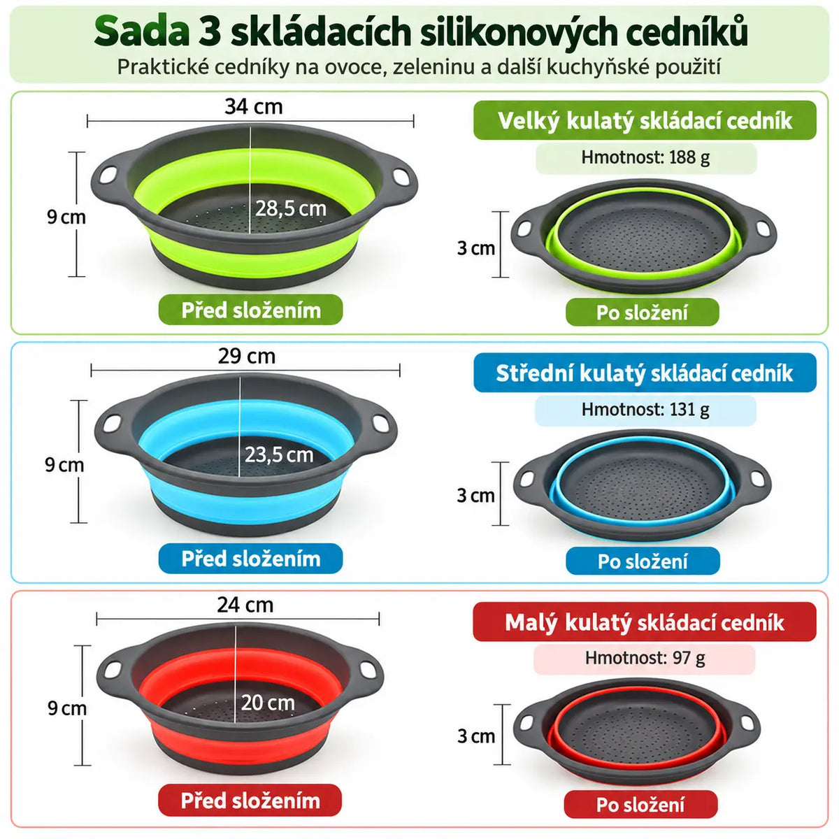 50% SLEVA 🔥 Sada 3 skládacích silikonových cedníků, kulaté omyvátko na ovoce a zeleninu, skladný filtrační košík do kuchyně