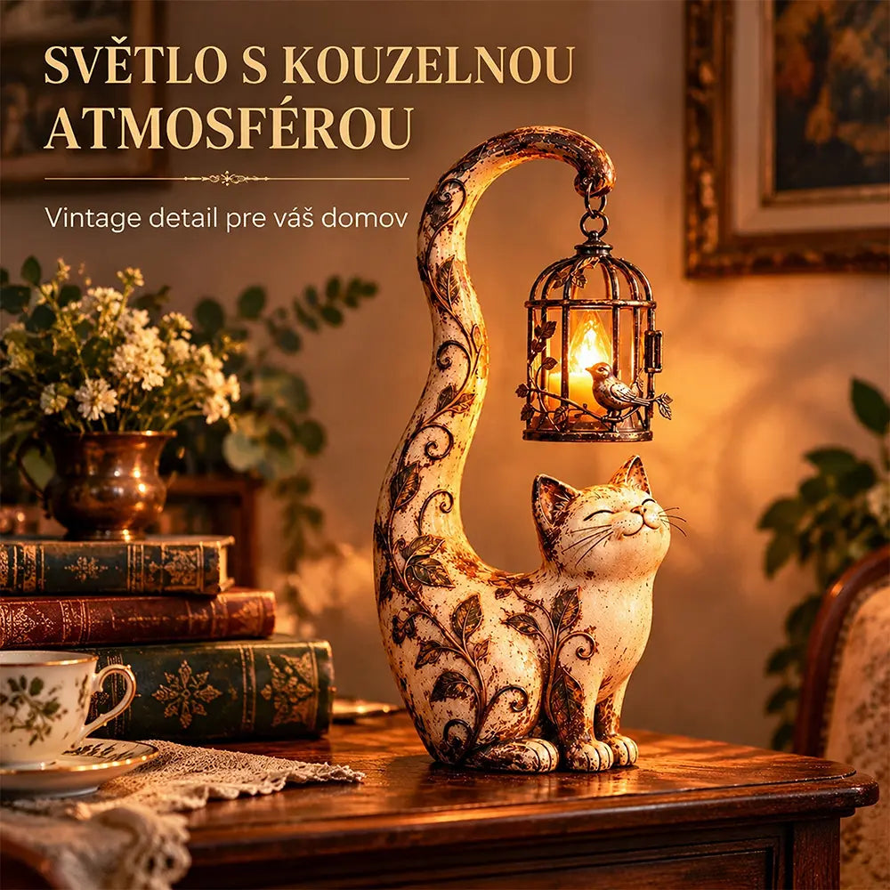 🐱💡 50% SLEVA | Noční světlo – kočka s ptačí klecí, resinová dekorace do domácnosti a zahrady