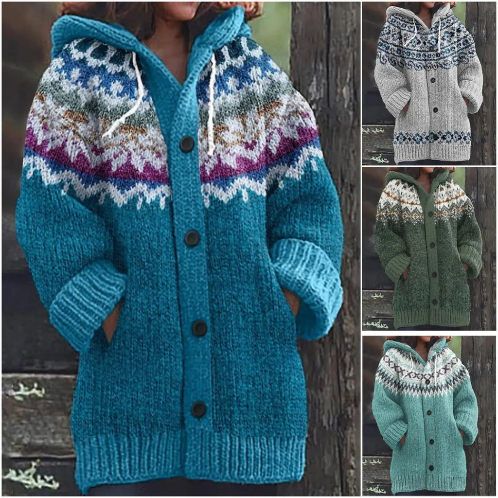 🔥50% SLEVA🔥【 S–5XL】✨Nová dámská pletená bunda s kapucí, geometrický vzor, zapínání na knoflíky, podzim/zima