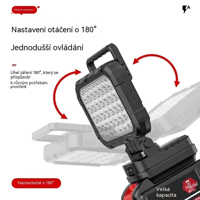 50% SLEVA 💡 LED pracovní svítilna na lithiovou baterii, USB výstup, 180° otočná, vhodná pro opravu aut, kompatibilní s bateriemi DeWalt, Milwaukee